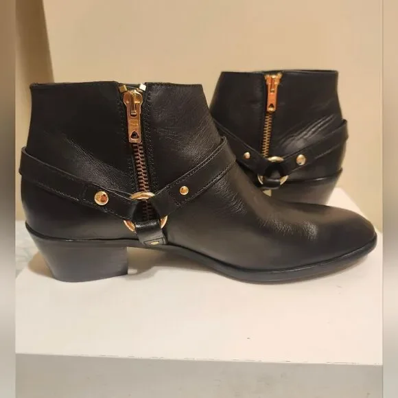 New J. Crew "Remi" Black Leather w/Harness Ankle Boots Size 7.5 (Retail $268) - Picture 2 of 9